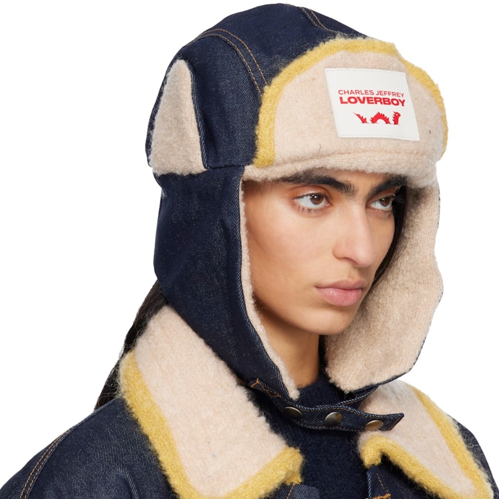 Charles Jeffrey Loverboy Navy & Beige Knit Patch Trapper Hat - Picture 2 of 3